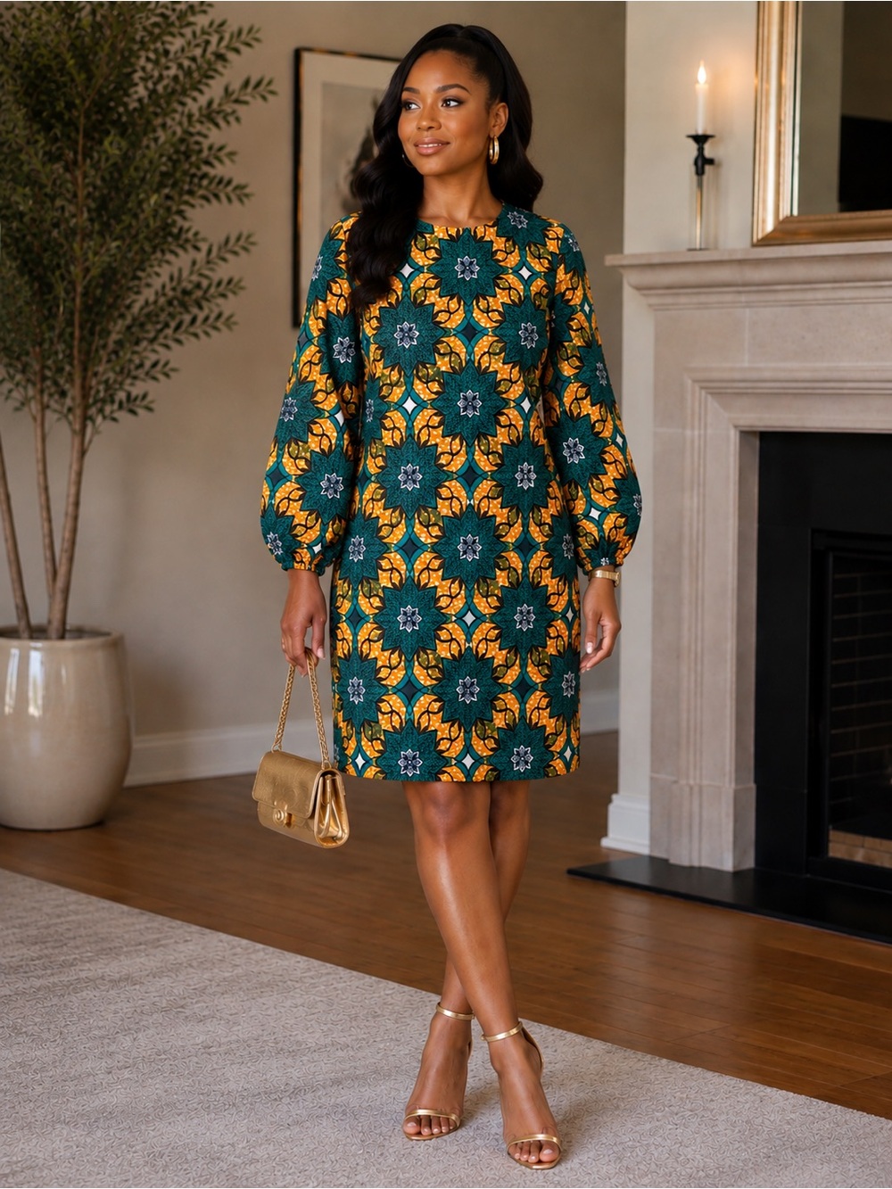 Vibrant Green & Yellow Floral Print Women's Dress